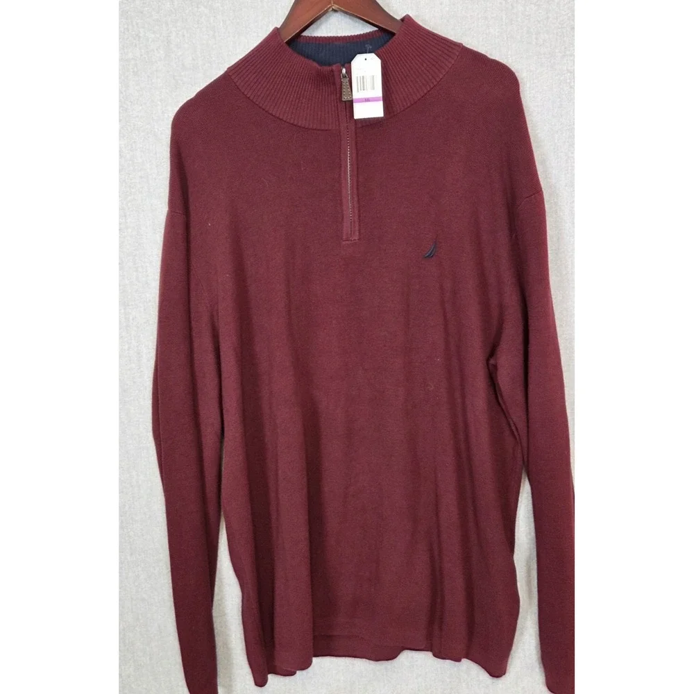 Nautica Men's 2XL Sweater‎ Pullover Burgundy 1/4 Zip Mock Neck Long Sleeve NEW